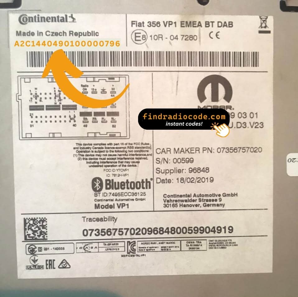 Abarth VP1 radio serial number label BP BE prefix